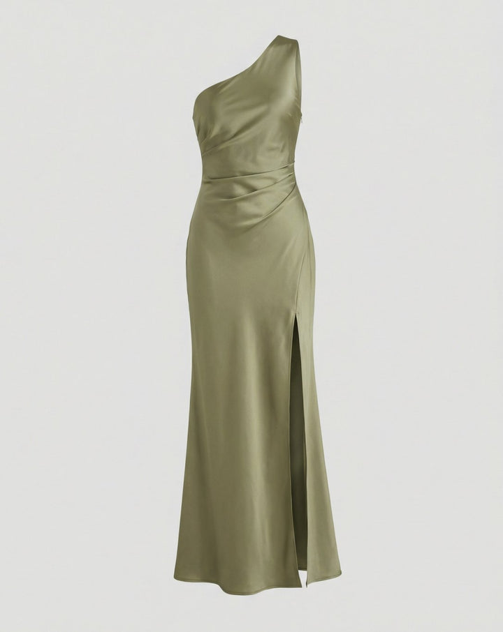 Women's Satin One-Shoulder Ruched Maxi Gown Side Slit