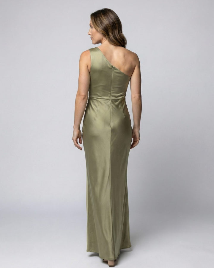 Women's Satin One-Shoulder Ruched Maxi Gown Side Slit