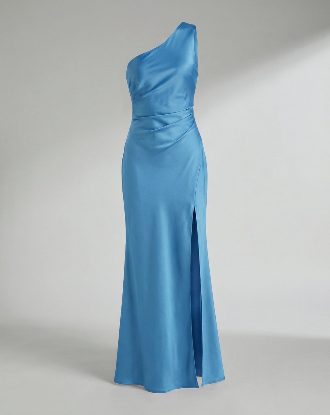 Women's Satin One-Shoulder Ruched Maxi Gown Side Slit - Blue