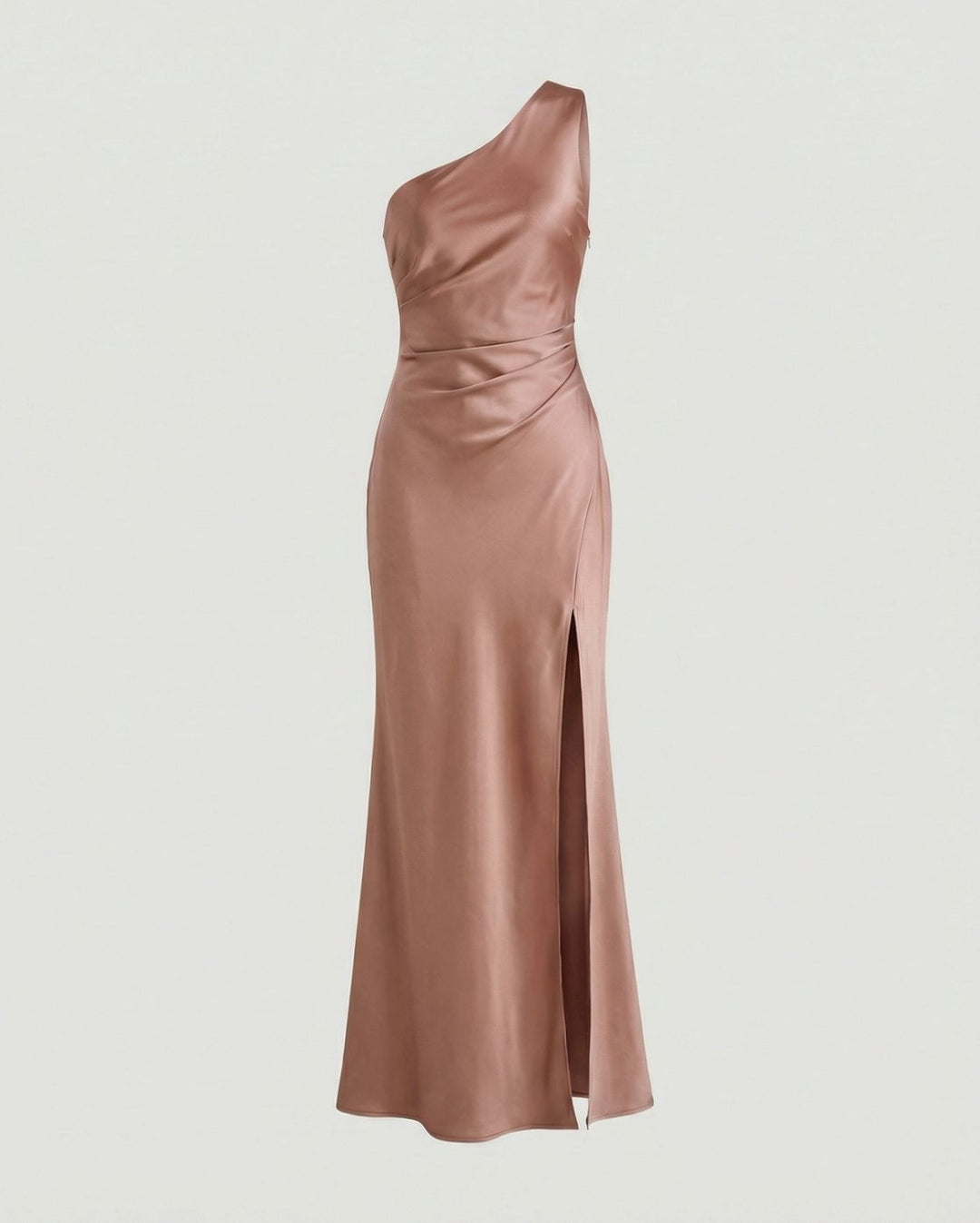 Women's Satin One-Shoulder Ruched Maxi Gown Side Slit - Pink