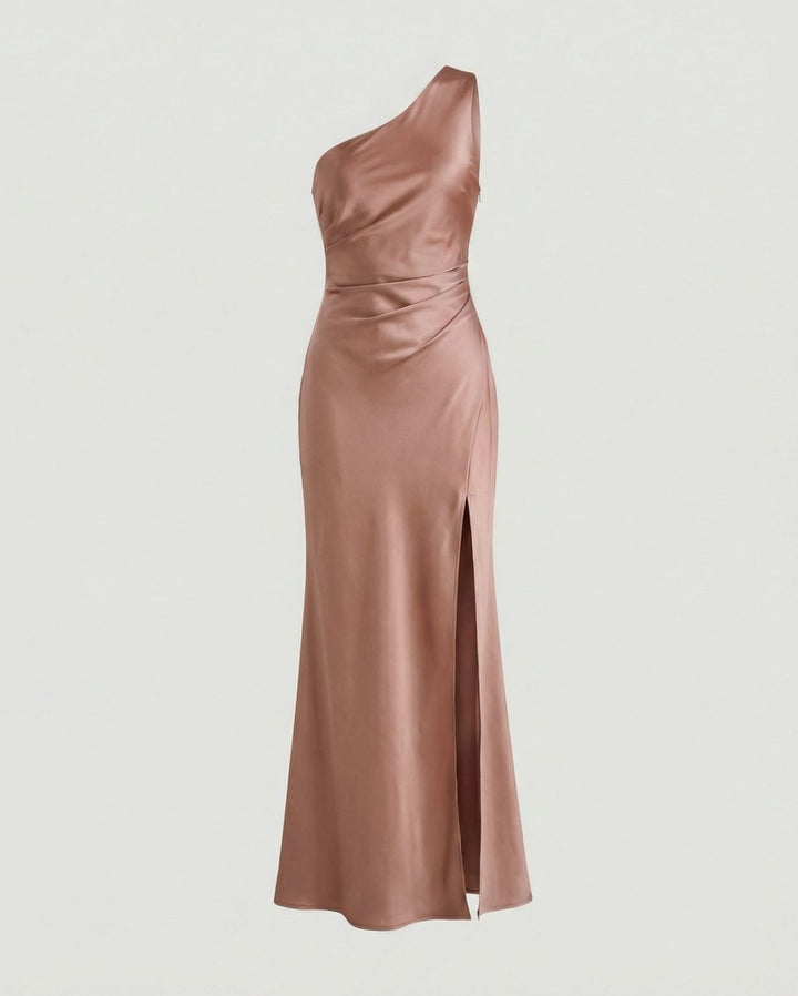 Women's Satin One-Shoulder Ruched Maxi Gown Side Slit - Pink
