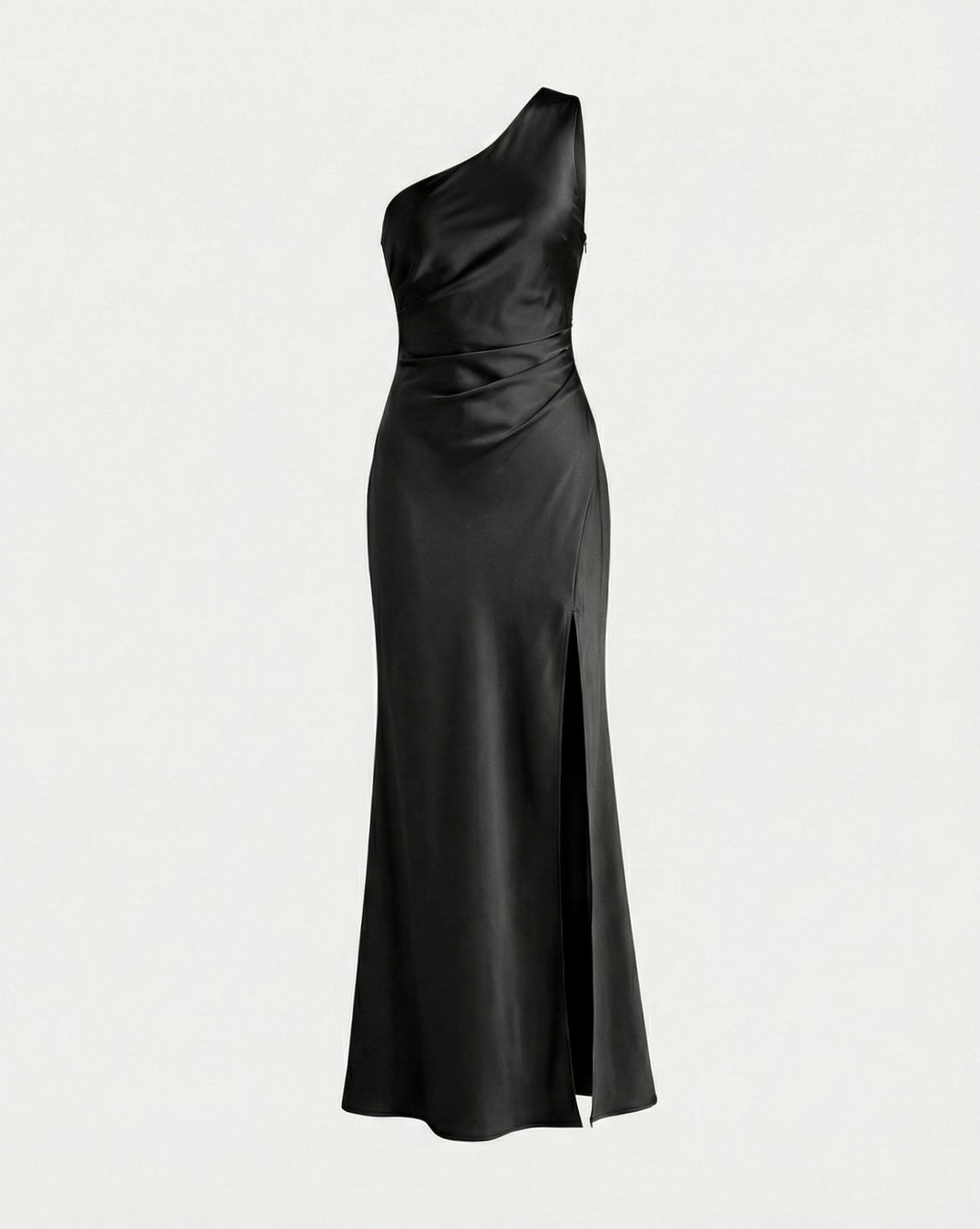Women's Satin One-Shoulder Ruched Maxi Gown Side Slit - Black