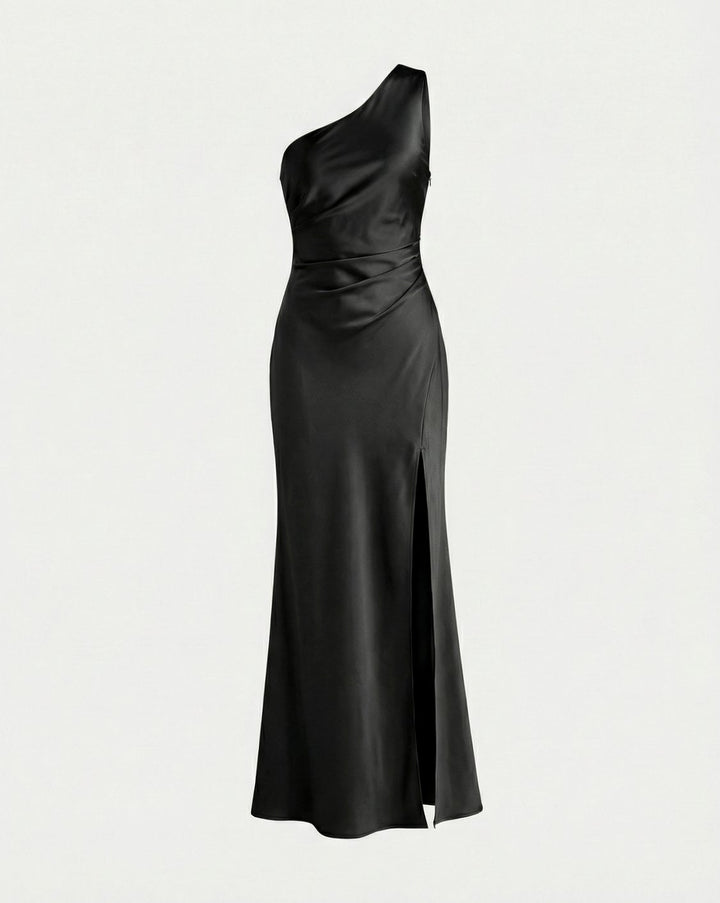 Women's Satin One-Shoulder Ruched Maxi Gown Side Slit - Black