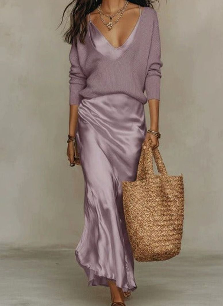 Women's Satin Slip Midi Dress Sweater Set Long Sleeve V-Neck - Purple