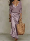 Layla | Women's Satin Slip Midi Dress Sweater Set Long Sleeve V-Neck