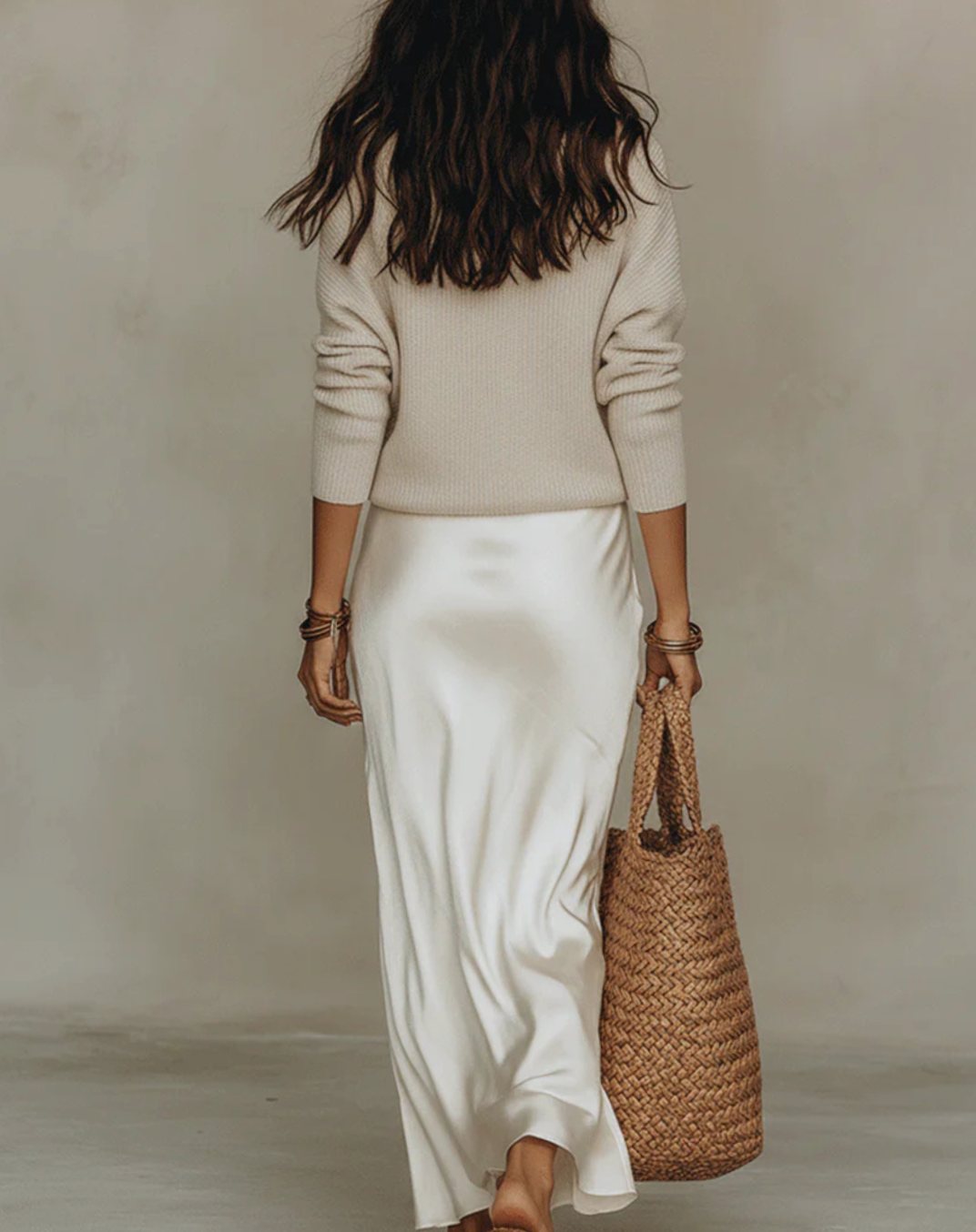 Women's Satin Slip Midi Dress Sweater Set Long Sleeve V-Neck