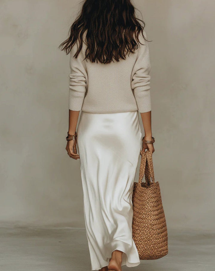 Women's Satin Slip Midi Dress Sweater Set Long Sleeve V-Neck