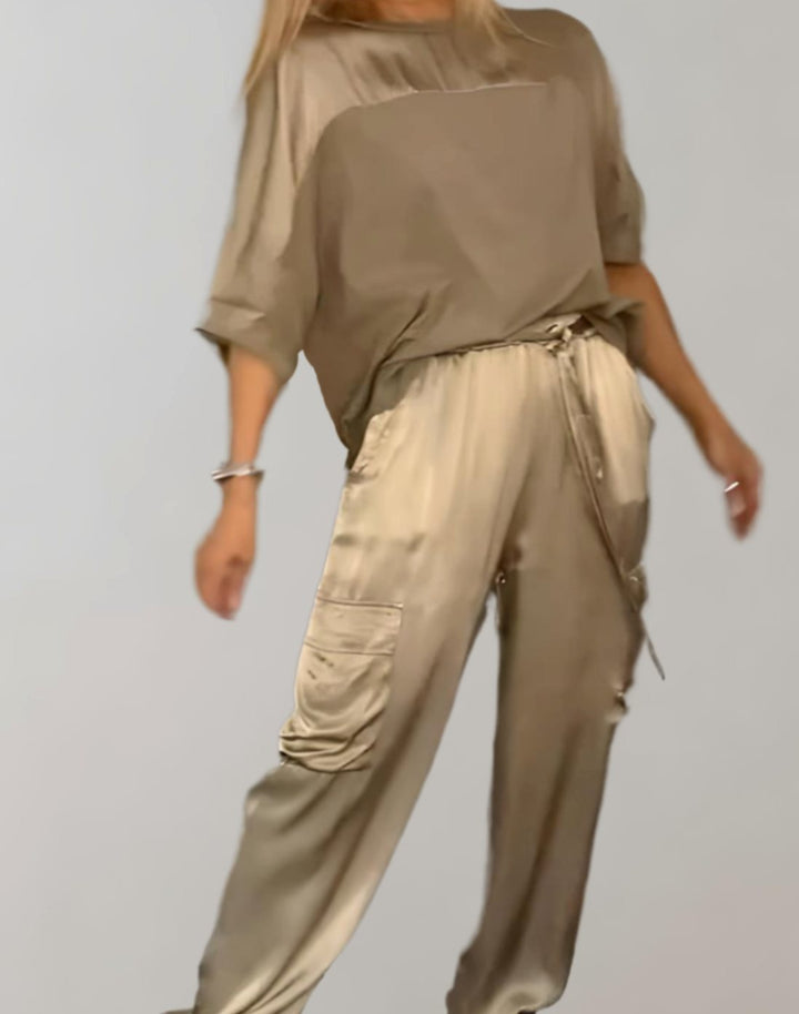 Women's Satin Two-Piece Cargo Pants Set 3/4 Sleeve Top - Gold