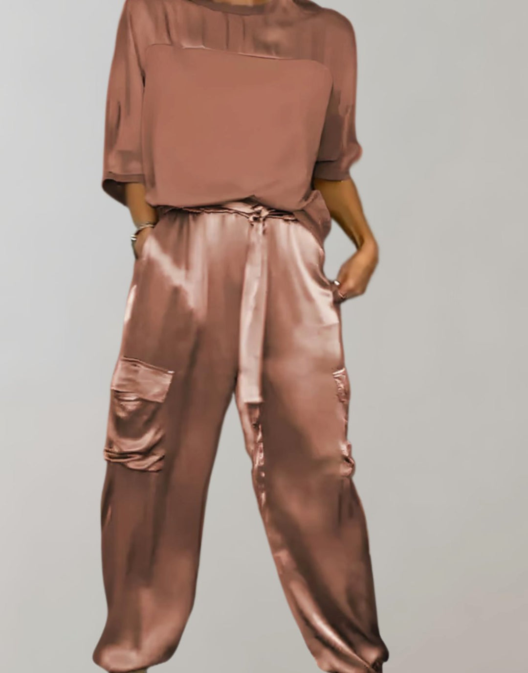 Women's Satin Two-Piece Cargo Pants Set 3/4 Sleeve Top - Brown