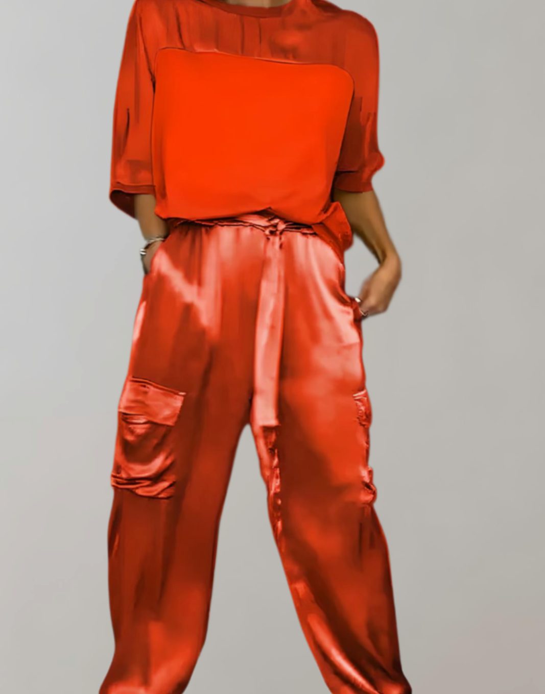 Women's Satin Two-Piece Cargo Pants Set 3/4 Sleeve Top - Red
