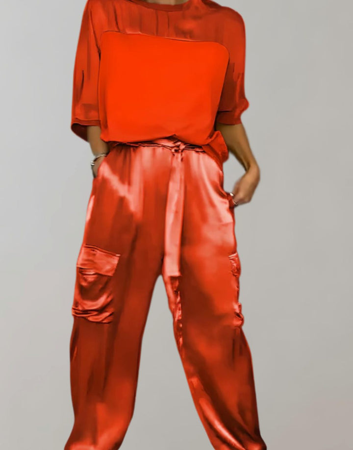Women's Satin Two-Piece Cargo Pants Set 3/4 Sleeve Top - Red