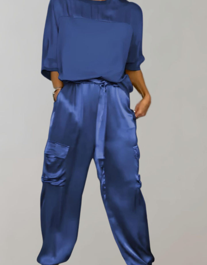 Women's Satin Two-Piece Cargo Pants Set 3/4 Sleeve Top - Blue