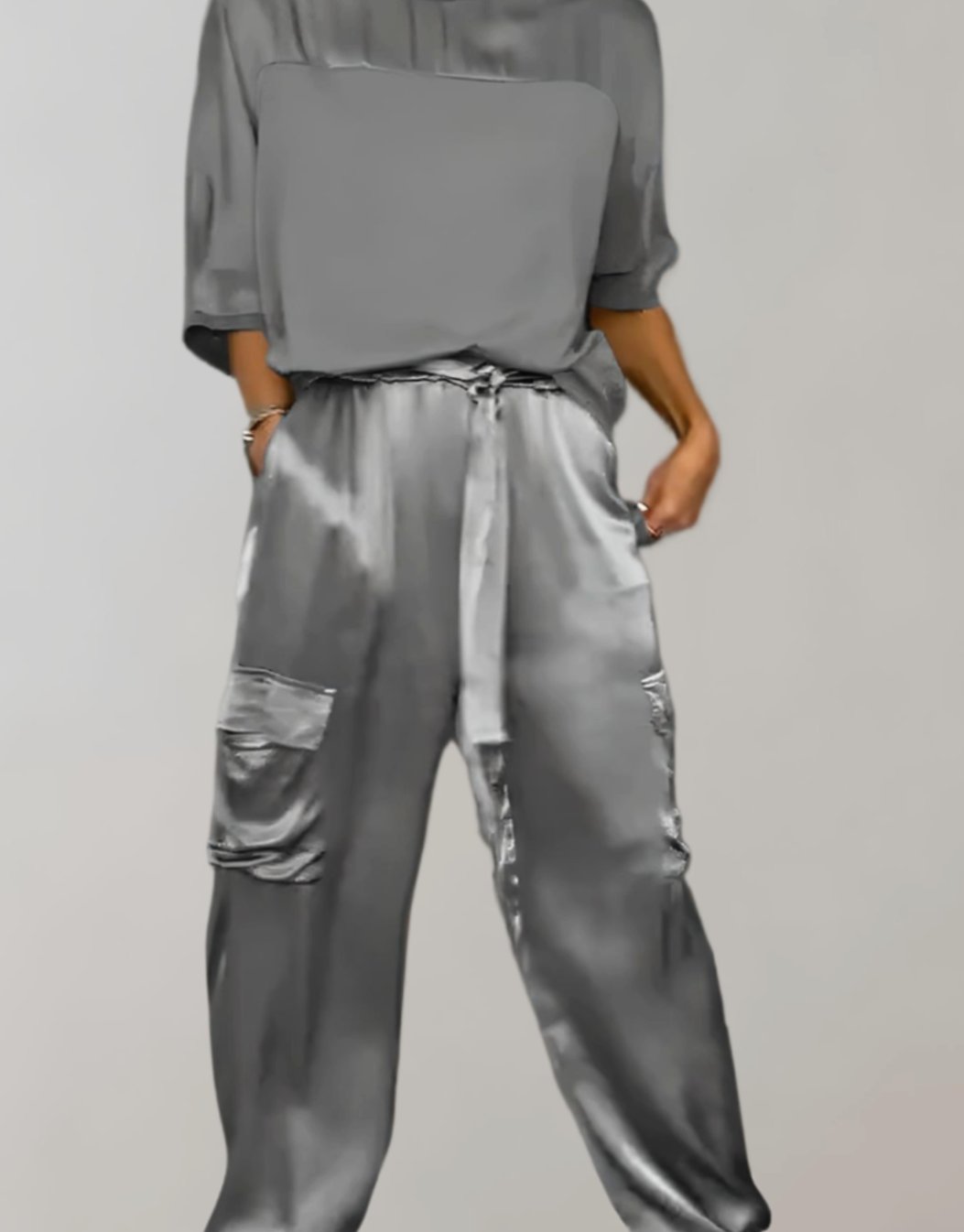 Women's Satin Two-Piece Cargo Pants Set 3/4 Sleeve Top - Gray