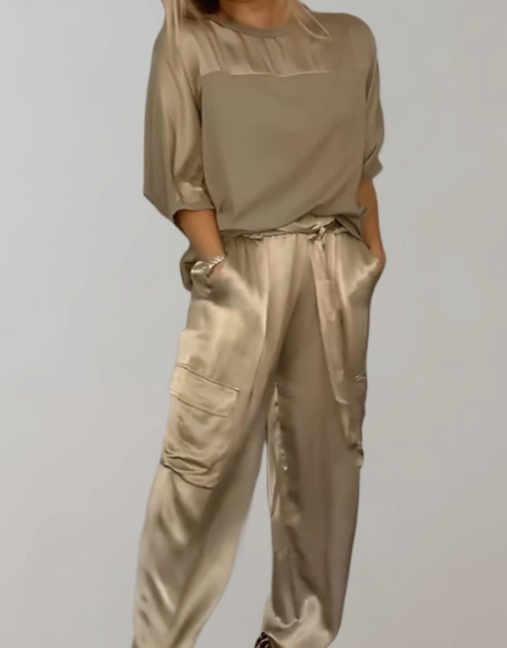 Women's Satin Two-Piece Cargo Pants Set 3/4 Sleeve Top