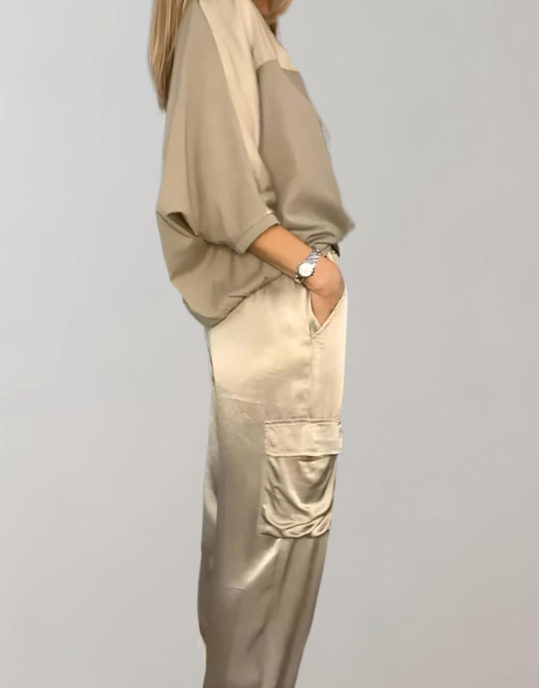 Women's Satin Two-Piece Cargo Pants Set 3/4 Sleeve Top