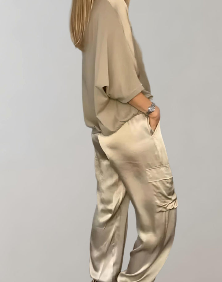 Women's Satin Two-Piece Cargo Pants Set 3/4 Sleeve Top