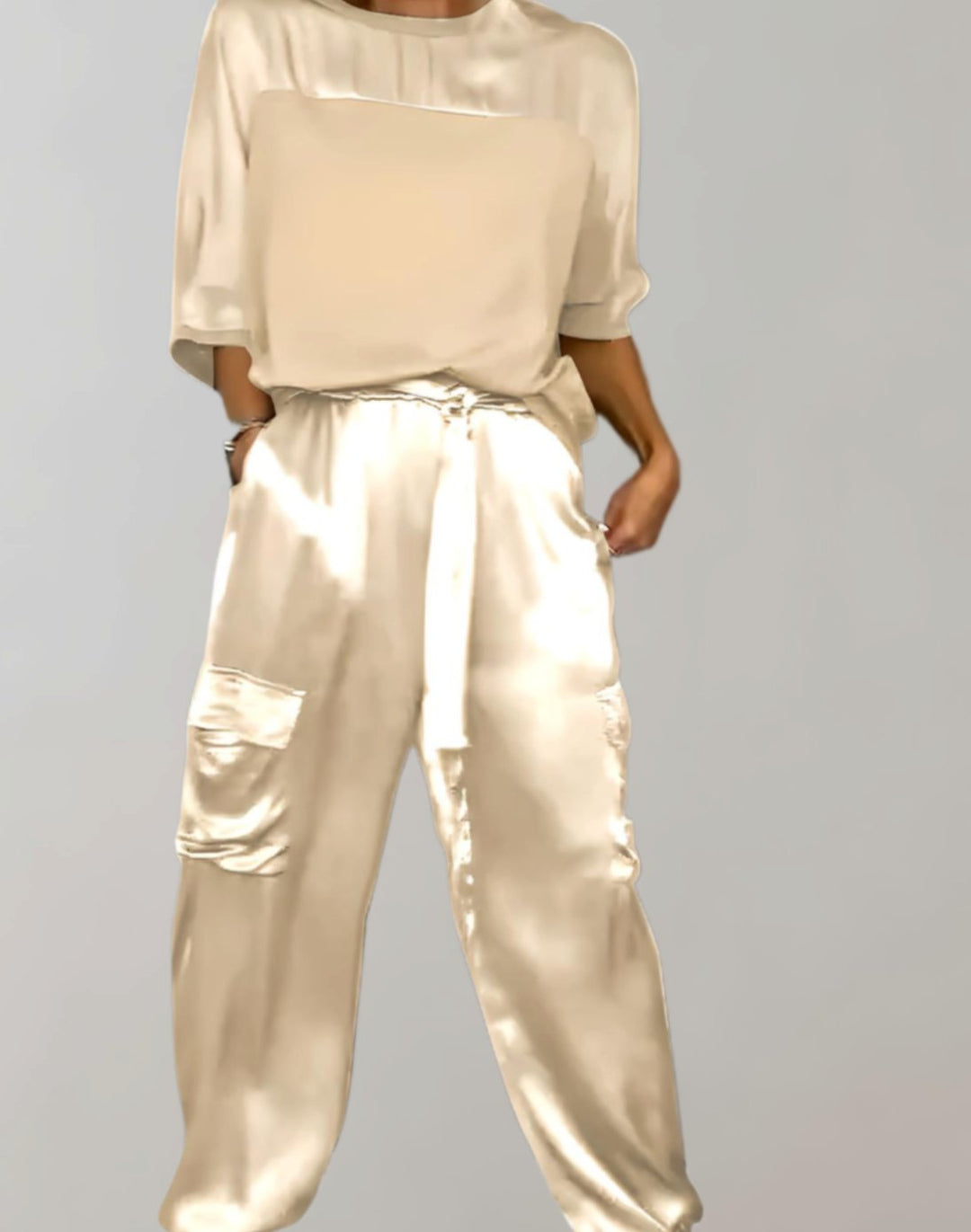 Women's Satin Two-Piece Cargo Pants Set 3/4 Sleeve Top - Apricot