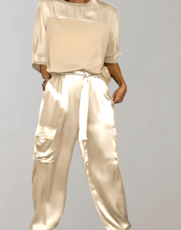 Women's Satin Two-Piece Cargo Pants Set 3/4 Sleeve Top - Apricot