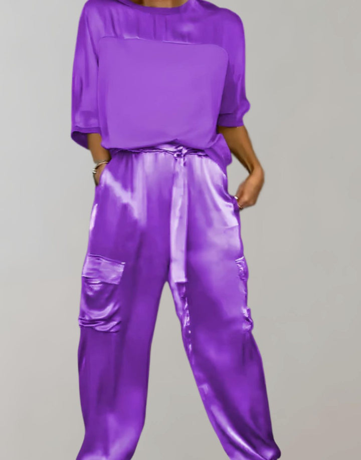 Women's Satin Two-Piece Cargo Pants Set 3/4 Sleeve Top - Violet
