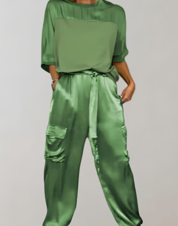 Women's Satin Two-Piece Cargo Pants Set 3/4 Sleeve Top - Green