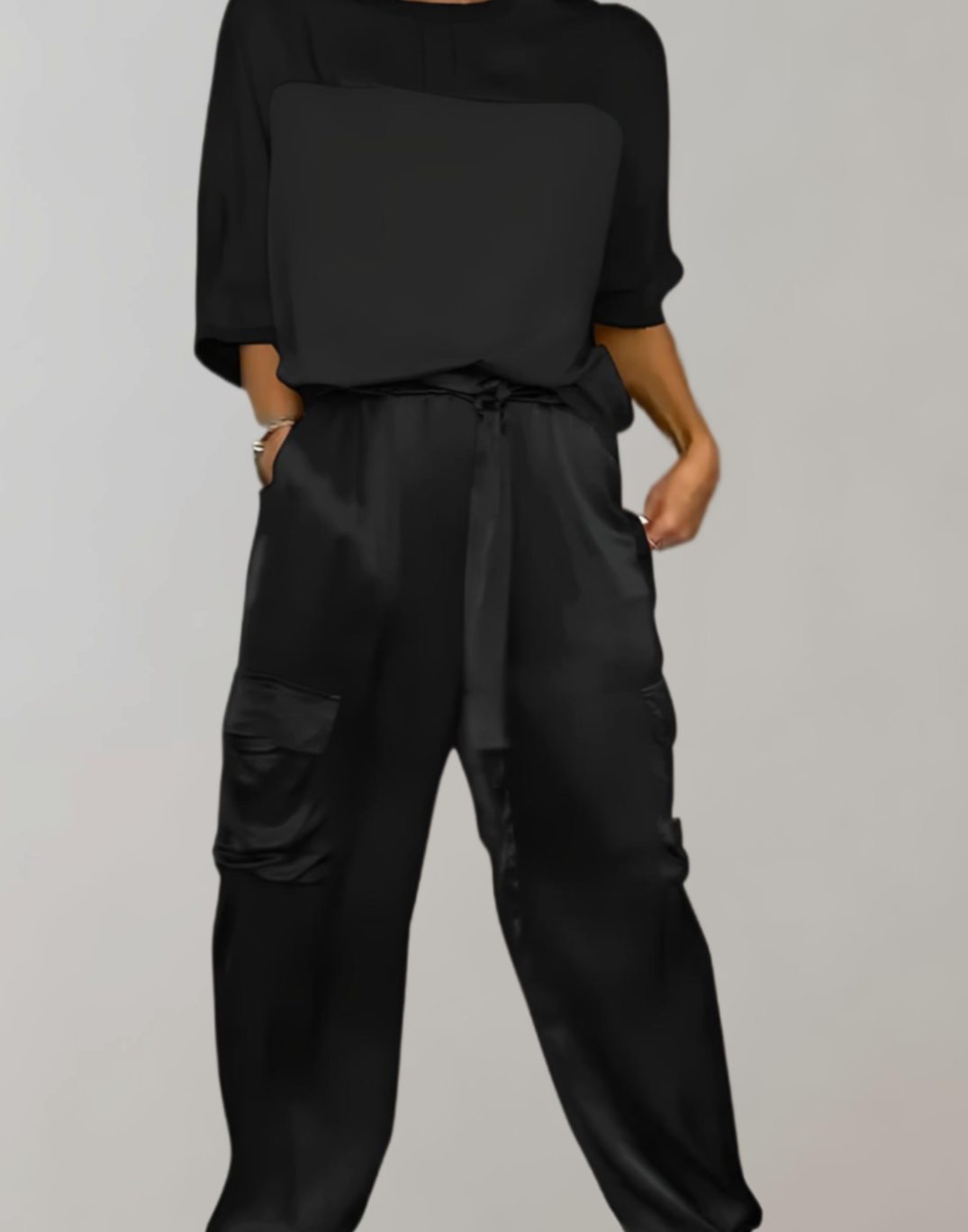 Women's Satin Two-Piece Cargo Pants Set 3/4 Sleeve Top - Black