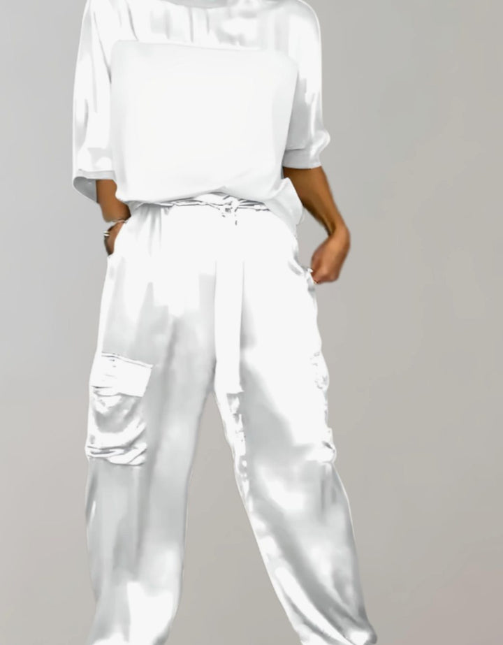 Women's Satin Two-Piece Cargo Pants Set 3/4 Sleeve Top - White