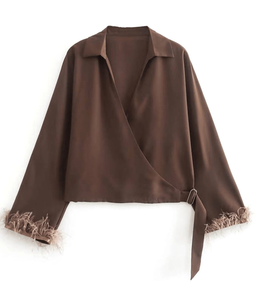Women's Satin Wrap Blouse Feather-Trim Long Sleeve Top