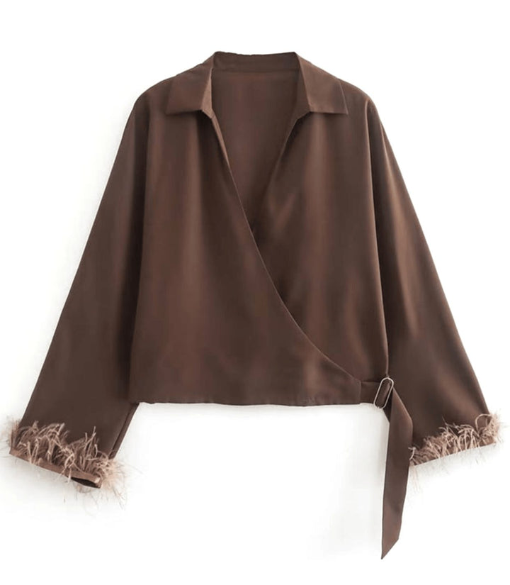 Women's Satin Wrap Blouse Feather-Trim Long Sleeve Top