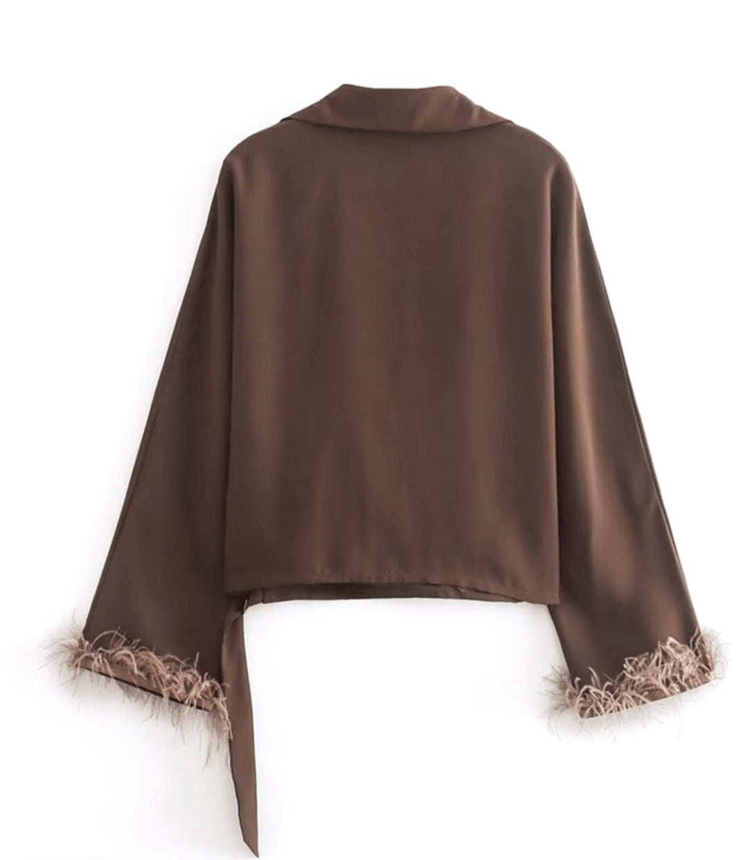 Women's Satin Wrap Blouse Feather-Trim Long Sleeve Top