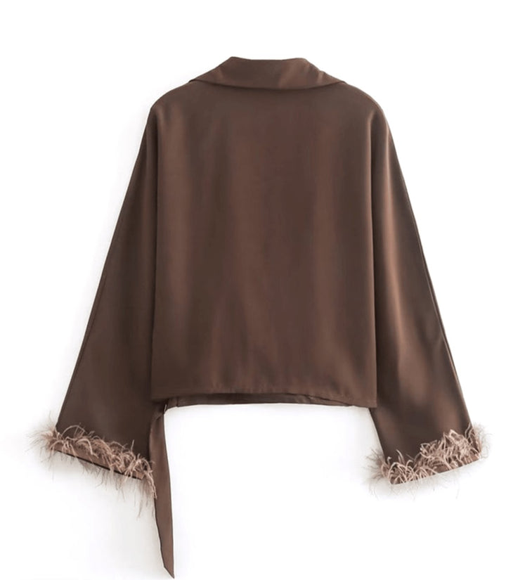 Women's Satin Wrap Blouse Feather-Trim Long Sleeve Top