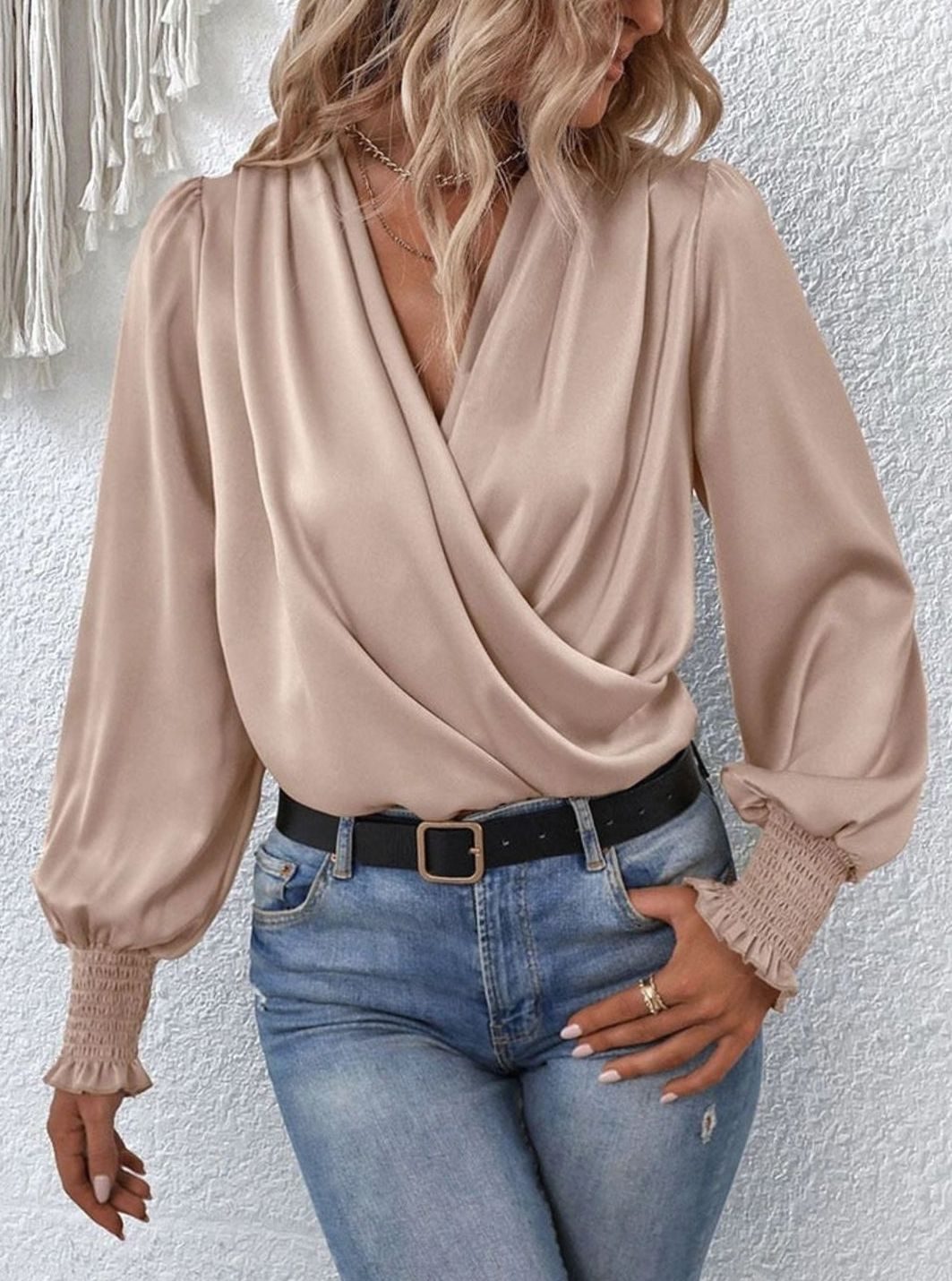 Women's Satin Wrap Blouse Long Sleeve Smocked Cuff Top - Beige