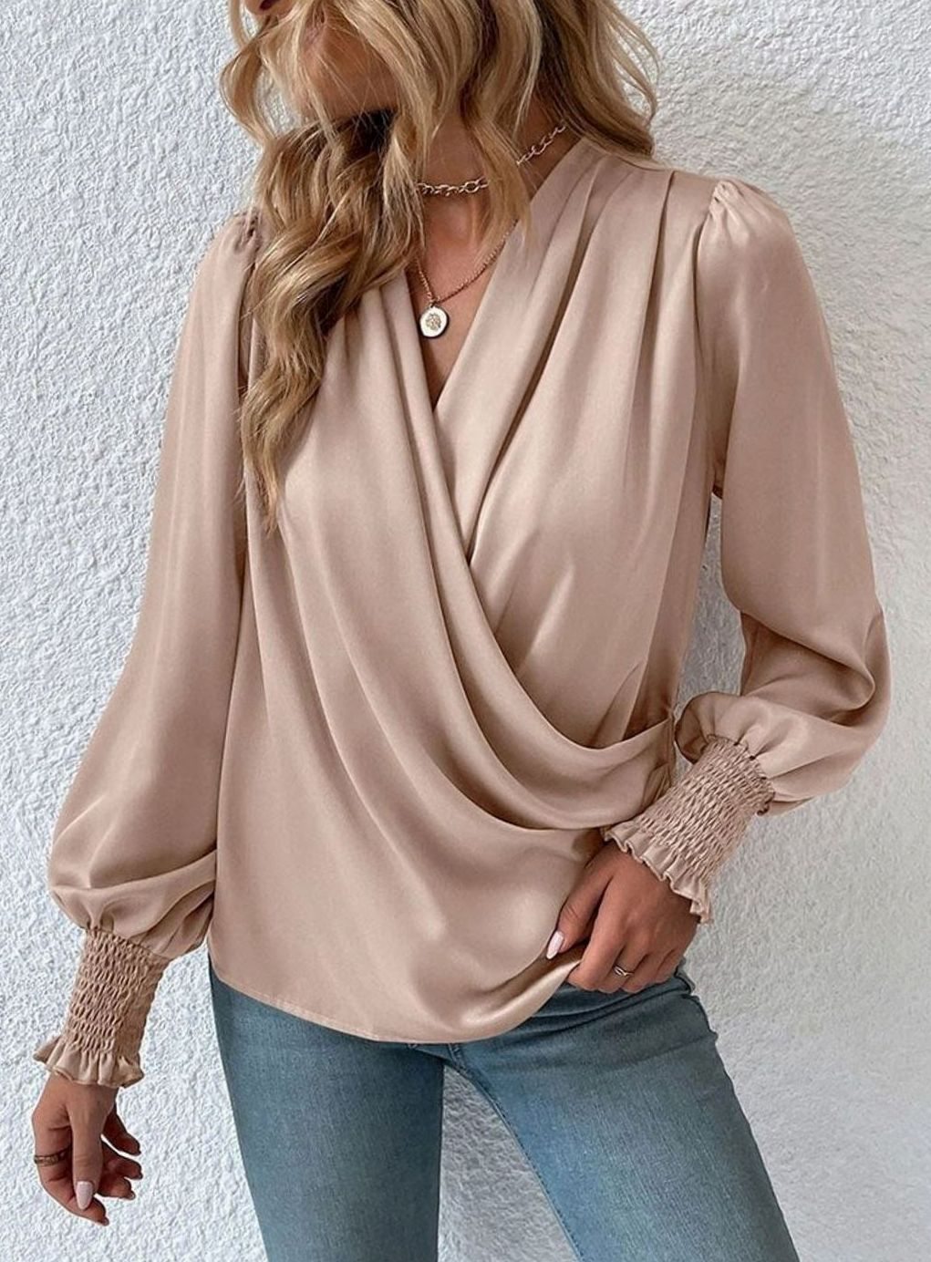 Women's Satin Wrap Blouse Long Sleeve Smocked Cuff Top