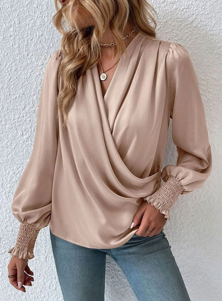 Women's Satin Wrap Blouse Long Sleeve Smocked Cuff Top
