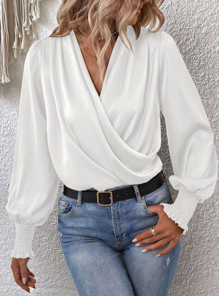 Women's Satin Wrap Blouse Long Sleeve Smocked Cuff Top - White