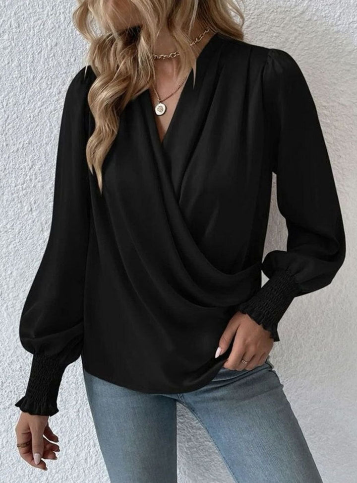 Women's Satin Wrap Blouse Long Sleeve Smocked Cuff Top
