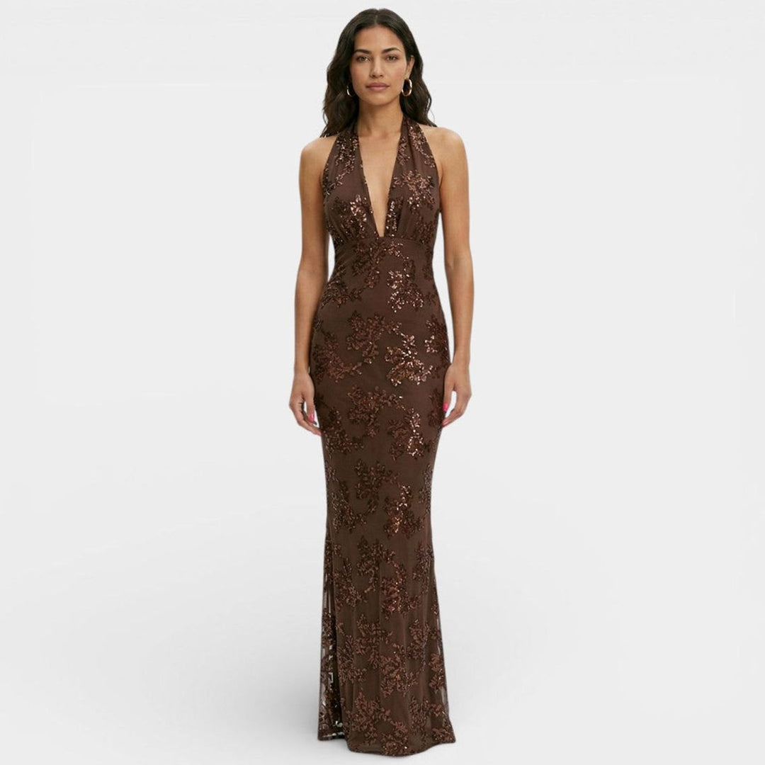 Women's Sequin Floral Halter Deep V-Neck Fitted Maxi Dress - Brown