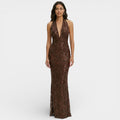 Luna | Women's Sequin Floral Halter Deep V-Neck Fitted Maxi Dress