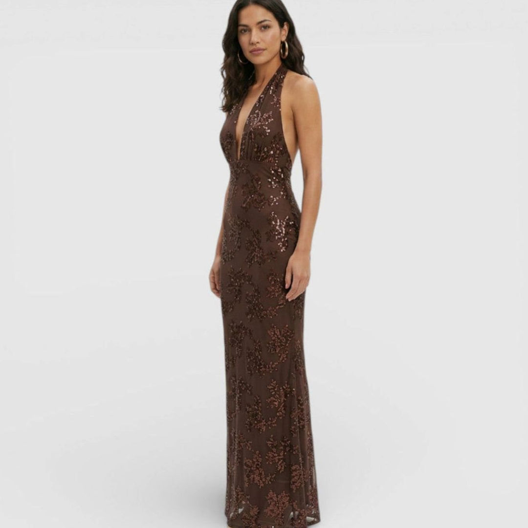 Women's Sequin Floral Halter Deep V-Neck Fitted Maxi Dress