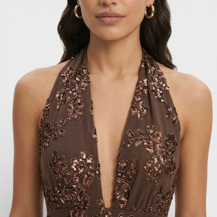Women's Sequin Floral Halter Deep V-Neck Fitted Maxi Dress
