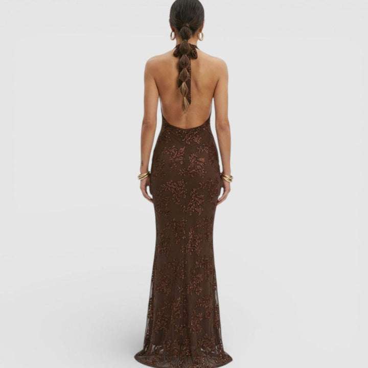 Women's Sequin Floral Halter Deep V-Neck Fitted Maxi Dress