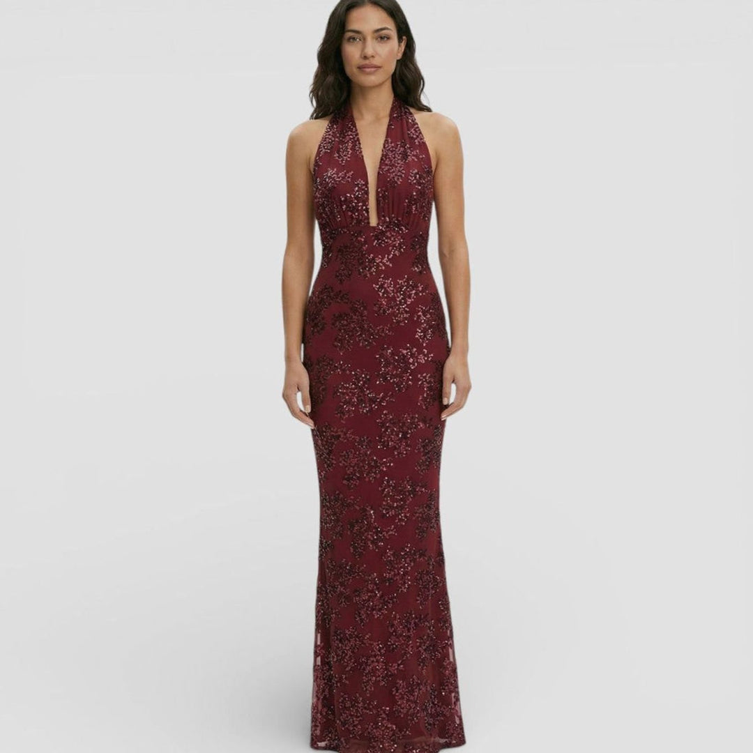 Women's Sequin Floral Halter Deep V-Neck Fitted Maxi Dress - Burgundy