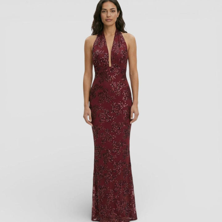 Women's Sequin Floral Halter Deep V-Neck Fitted Maxi Dress - Burgundy