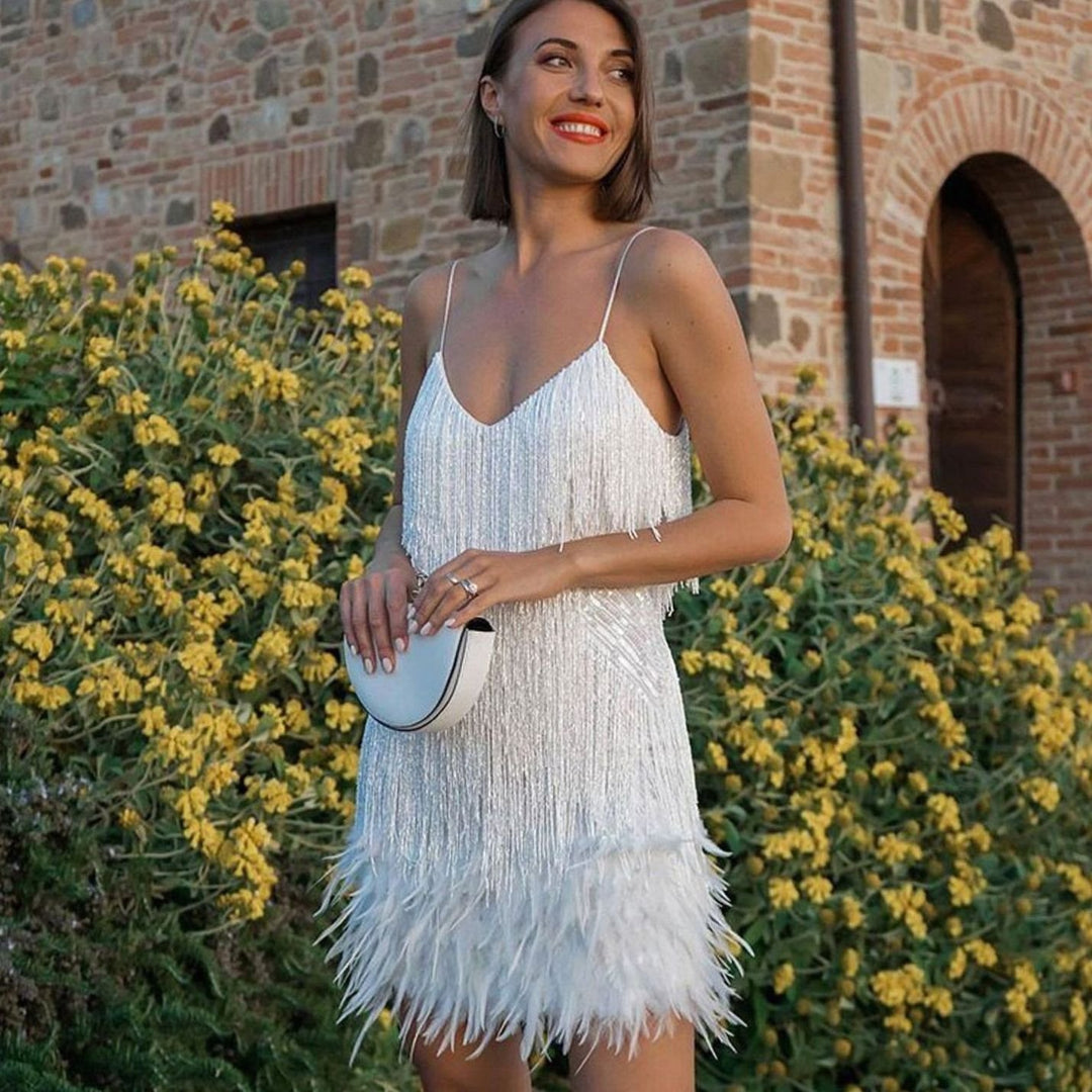 Women's Sequin Fringe Feather-Hem Spaghetti-Strap Mini Cocktail Dress - White