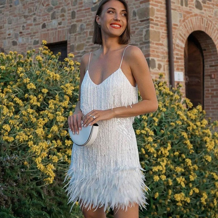 Women's Sequin Fringe Feather-Hem Spaghetti-Strap Mini Cocktail Dress - White