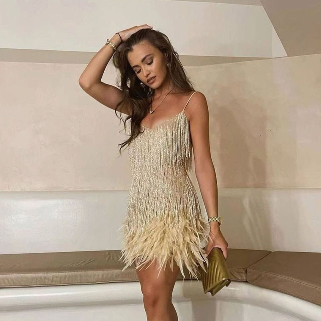 Women's Sequin Fringe Feather-Hem Spaghetti-Strap Mini Cocktail Dress - Gold