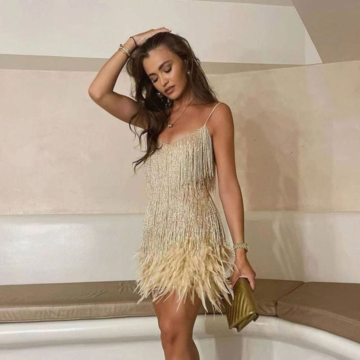 Women's Sequin Fringe Feather-Hem Spaghetti-Strap Mini Cocktail Dress - Gold