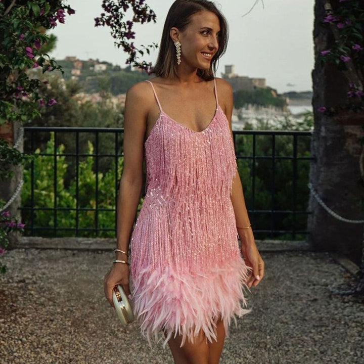 Women's Sequin Fringe Feather-Hem Spaghetti-Strap Mini Cocktail Dress - Pink