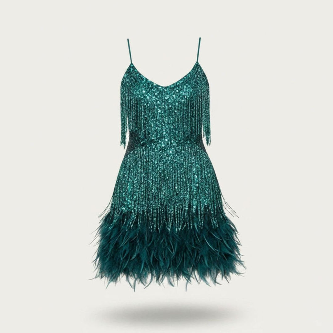 Women's Sequin Fringe Feather-Trim Fitted Cocktail Mini Dress - Dark Turquoise