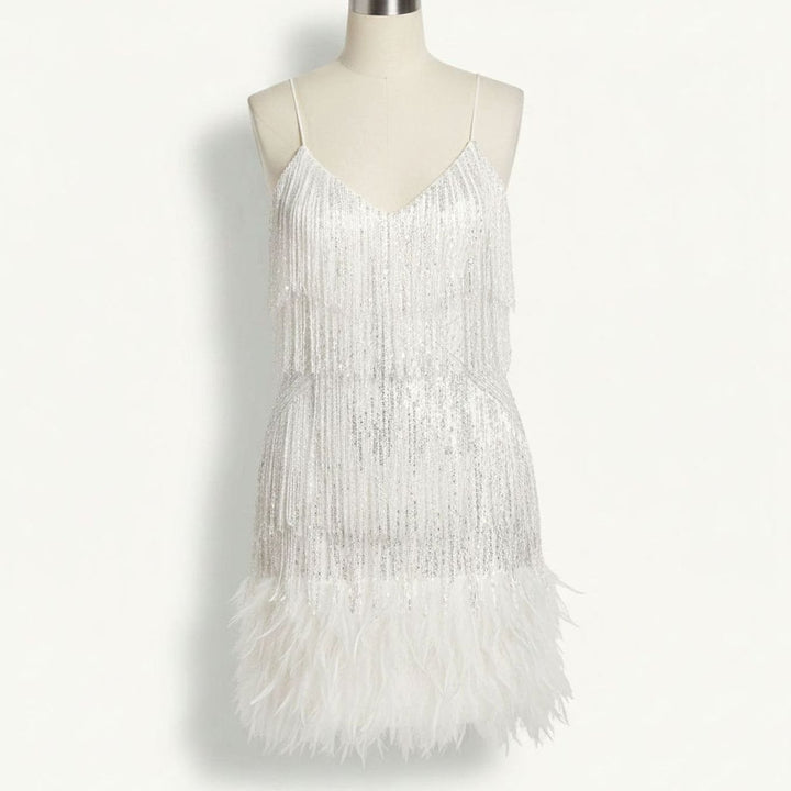 Women's Sequin Fringe Feather-Trim Fitted Cocktail Mini Dress - White