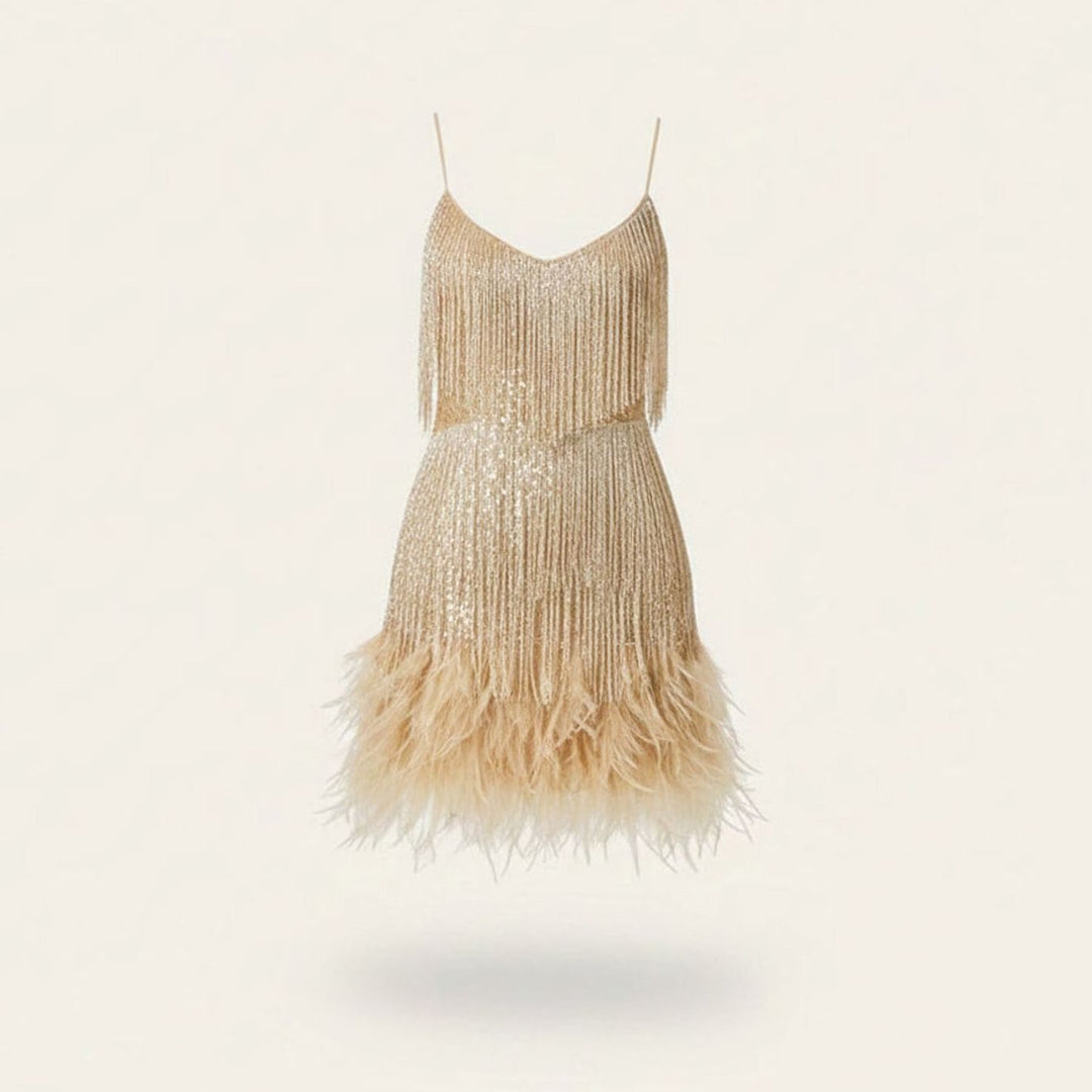 Women's Sequin Fringe Feather-Trim Fitted Cocktail Mini Dress - Gold